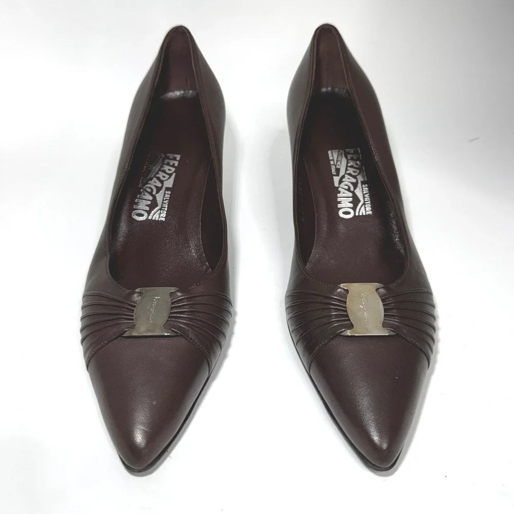 Salvatore Ferragamo Women Dark Brown Leather Pointed Toe Kitten Heels Size 8.5 B